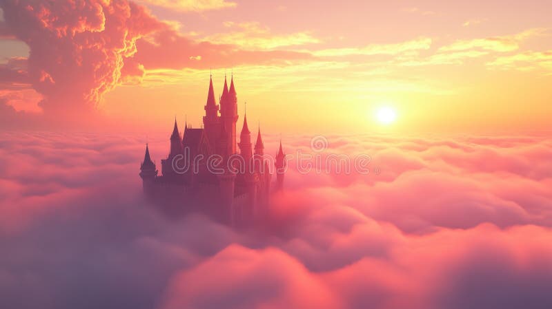 Enchanting fairy tale castle floating above clouds at sunset royalty free stock photography