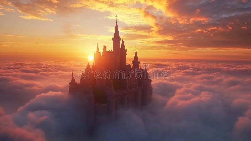 Enchanting fairy tale castle floating above clouds at sunset royalty free stock image
