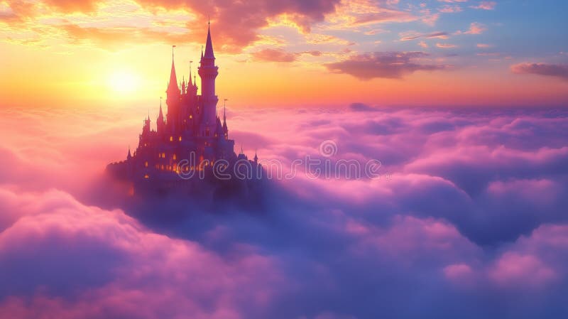 Enchanting fairy tale castle floating above clouds at sunset royalty free stock photography