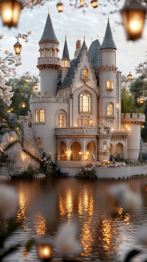 Enchanting fairy tale castle by the serene lake surrounded by blooming flowers and glowing lanterns creating a magical stock images