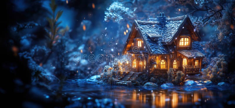 Enchanting fairy tale cottage illuminated at night by a serene lake surrounded by nature, copy space for text. AI generated