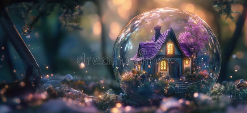 Enchanting fairy tale cottage inside a magical glass bubble surrounded by nature, copy space for text royalty free stock photos