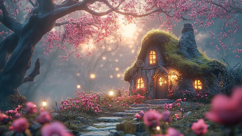 Enchanting fairy tale cottage nestled amidst a mystical forest at dawn, bathed in soft light and surrounded by vibrant blossoms stock photos