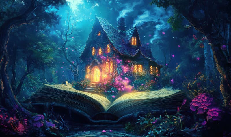Enchanting fairy tale cottage surrounded by magical forest and open book stock photos