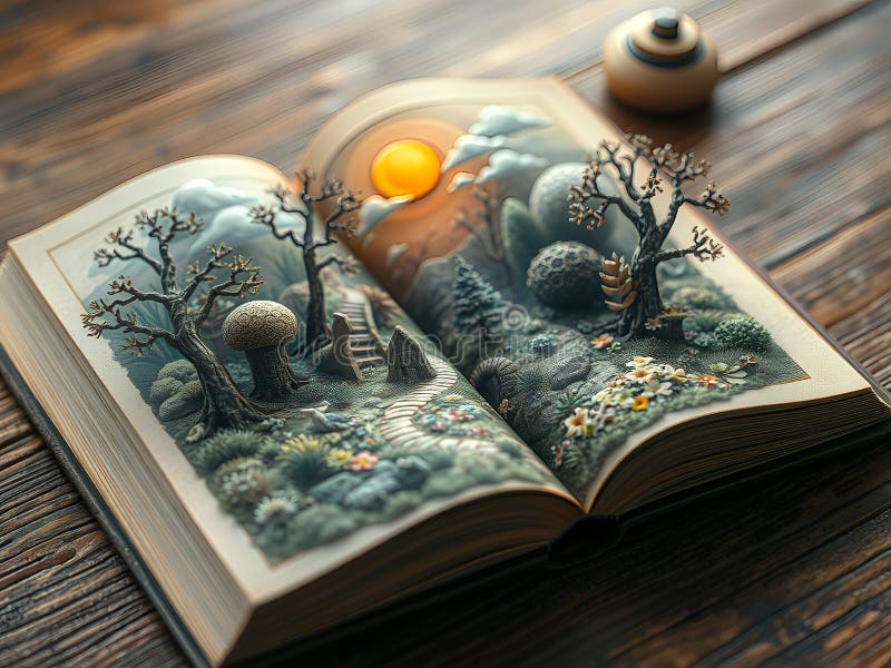 Enchanting Fairy Tale Landscape Emerging from Open Book Pages stock photos