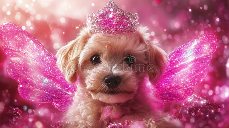 Enchanting Fairy Tale Puppy with Sparkling Crown and Wings royalty free stock images