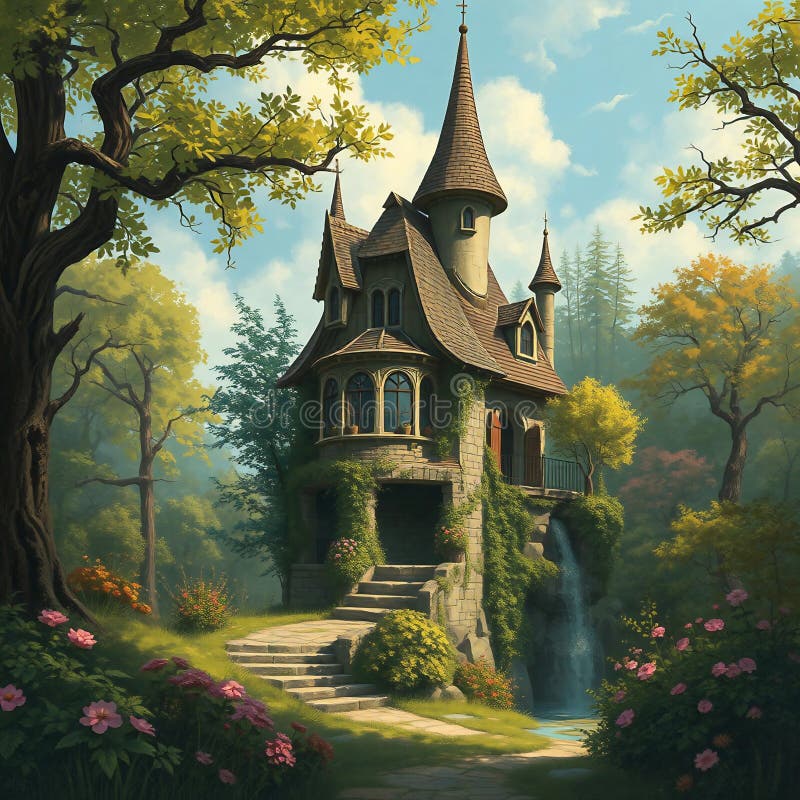 Enchanting Fairy-tale Tower Overlooking a Lush Garden stock image