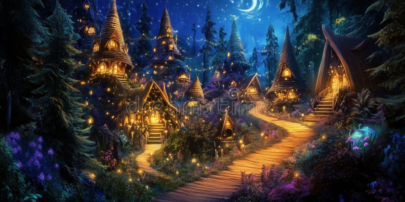 Enchanting fairy tale village illuminated at night with whimsical houses and starry sky royalty free stock photo