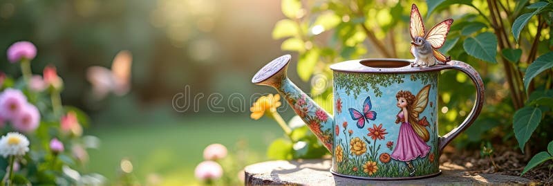 Enchanting fairy-themed watering can with butterflies in a sunlit garden royalty free stock images