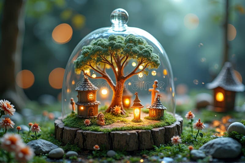 Enchanting fairy village in glass dome with glowing lights and miniature houses royalty free stock photo