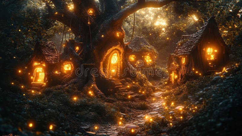 Enchanting fairy village nestled in a luminous forest. Illuminated homes carved into a massive tree trunk, lit by warm, glowing royalty free stock photo.
