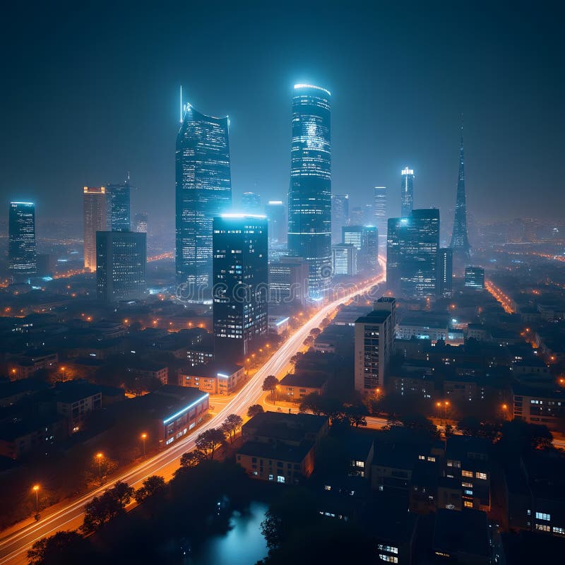 Enchanting Fantasy Cityscape Illuminated with Double Exposure royalty free illustration