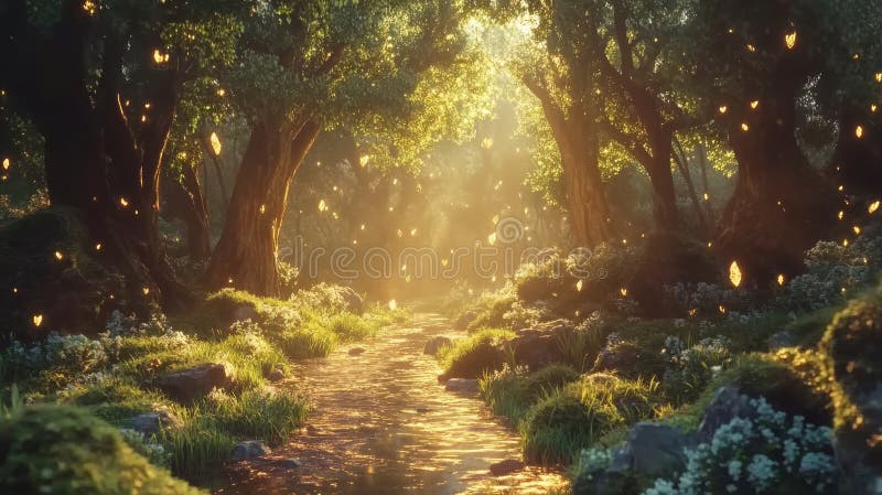 Enchanting fantasy landscape of a magical forest with seamless looping animation royalty free stock images