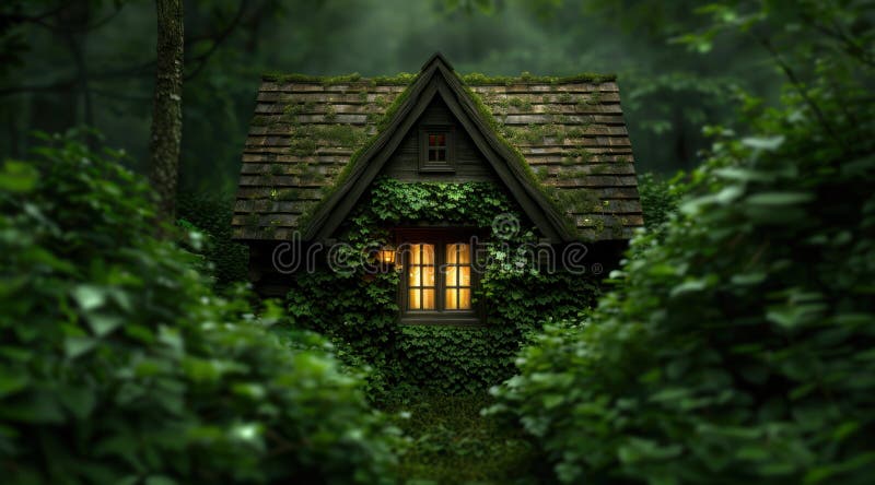 Enchanting forest cottage with glowing windows stock illustration