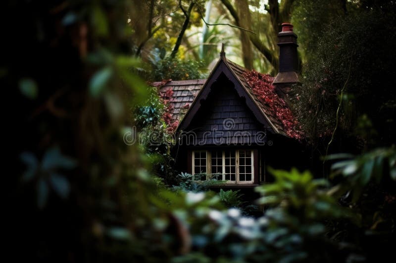 Enchanting forest cottage with thatched roof royalty free illustration