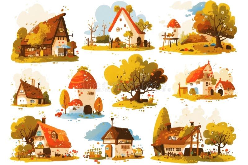 Enchanting forest cottages in a whimsical art style, surrounded by autumn trees royalty free illustration