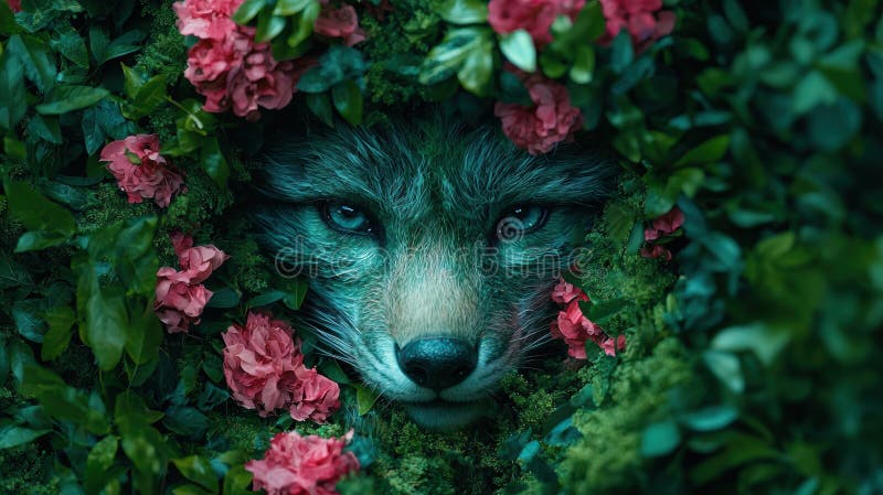 Enchanting forest creature peeking through foliage stock illustration