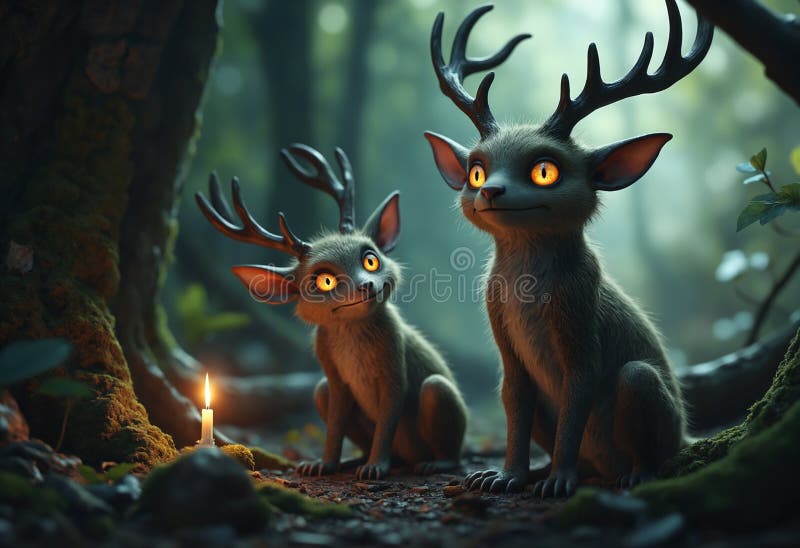 Enchanting Forest Creatures with Glowing Eyes in a Mystical Setting stock illustration