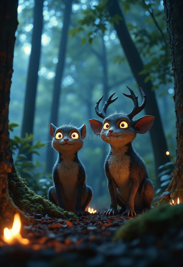 Enchanting Forest Creatures with Glowing Eyes in a Mystical Setting royalty free illustration