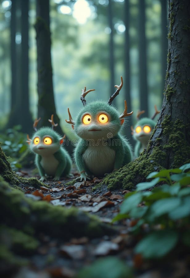 Enchanting Forest Creatures with Glowing Eyes in a Mystical Setting stock illustration