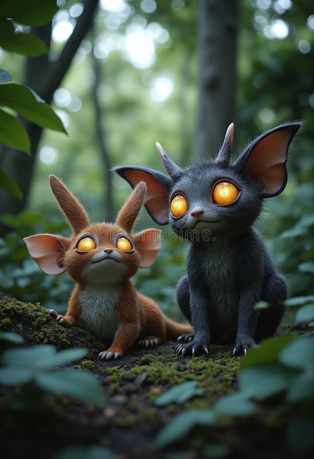 Enchanting Forest Creatures with Glowing Eyes in a Mystical Setting royalty free illustration
