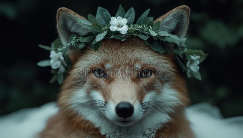 Enchanting forest fox with floral crown vector illustration
