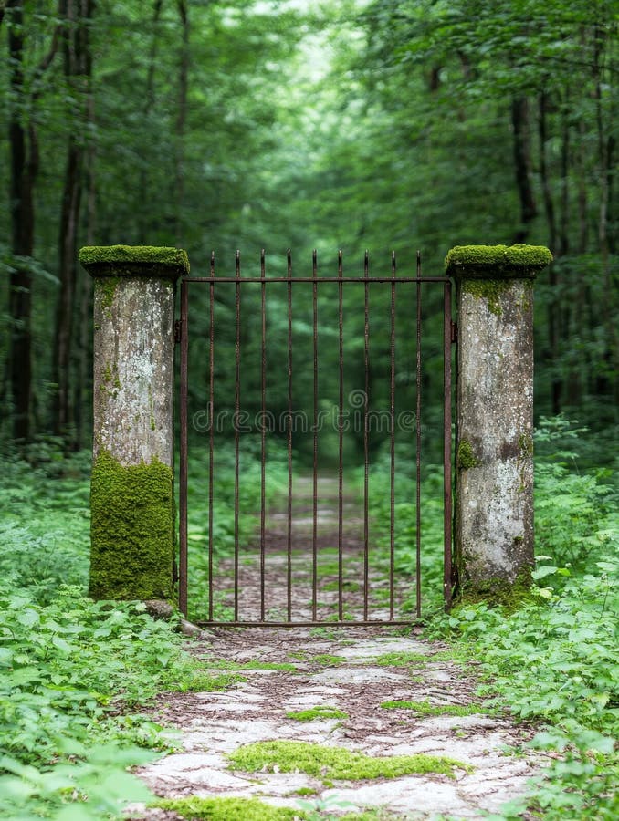 Enchanting forest gate with moss-covered columns stock illustration