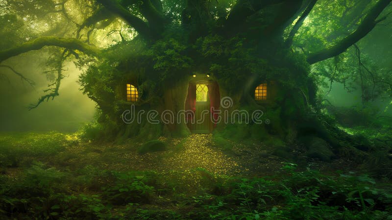 Enchanting forest house built within a massive tree vector illustration