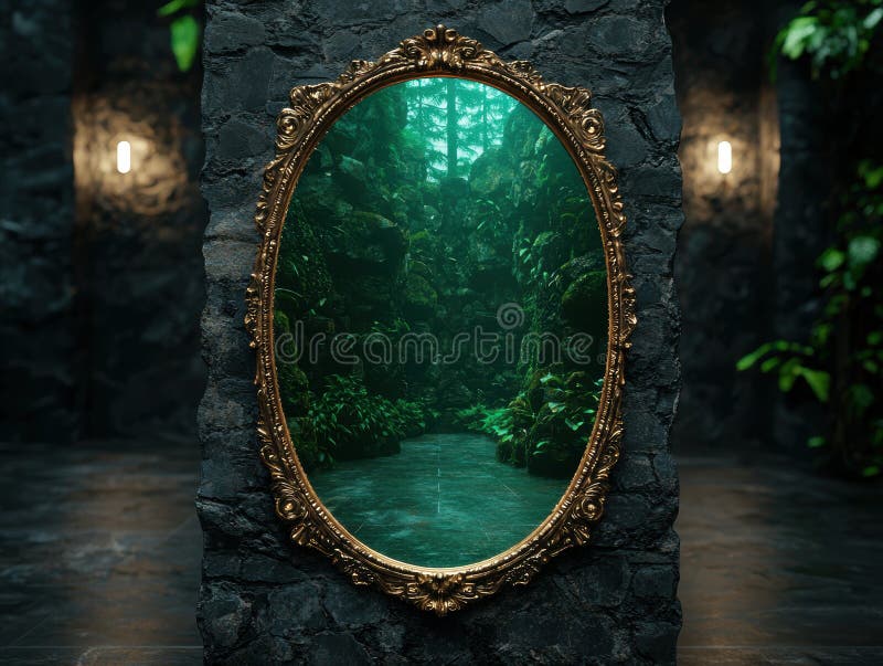 Enchanting forest landscape reflected in ornate golden frame vector illustration