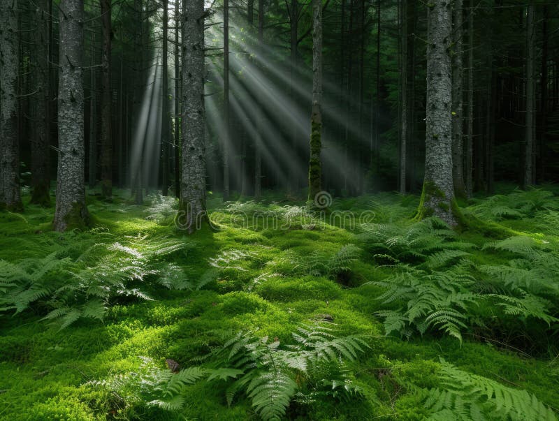 Enchanting forest landscape with sunlight beams royalty free illustration