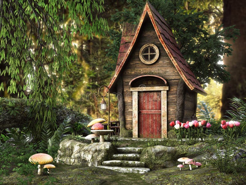 Enchanting forest little tiny fairy storybook house background. royalty free illustration