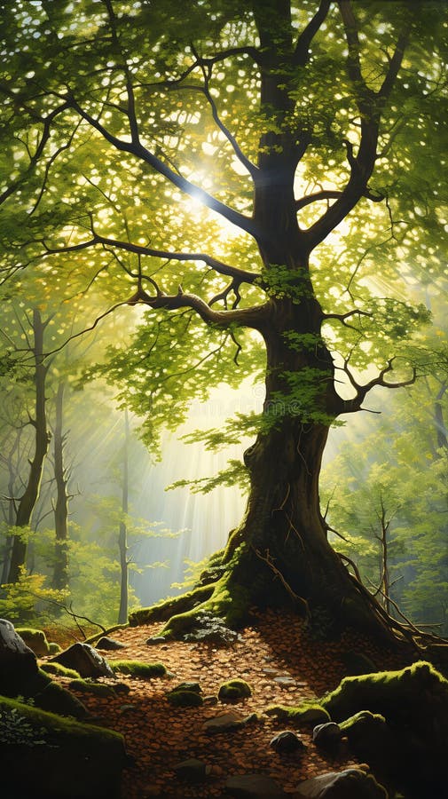 The Enchanting Forest: Majestic Trees, Radiant Easel, and the My