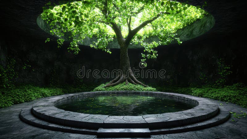 Enchanting forest oasis with lush greenery and tranquil pool stock illustration