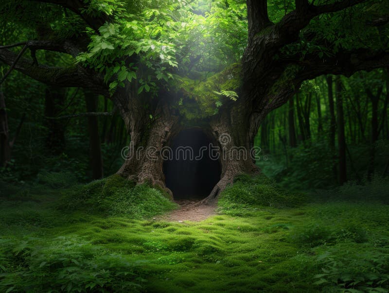 Enchanting forest path through ancient tree tunnel stock illustration
