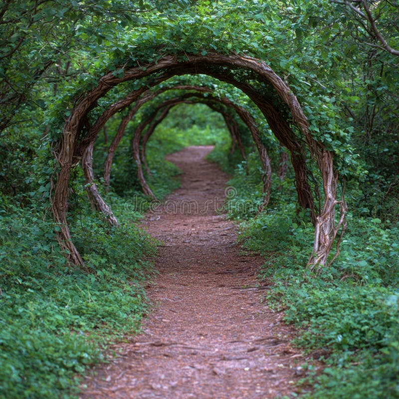 Enchanting forest path with arched branches stock illustration