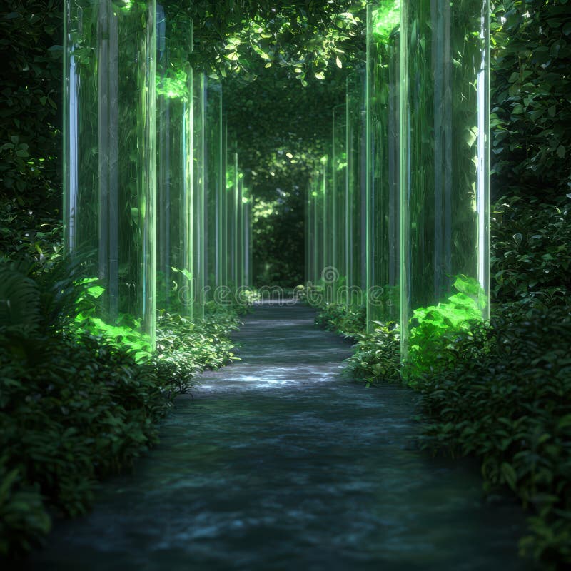 Enchanting forest path with glass walls stock illustration