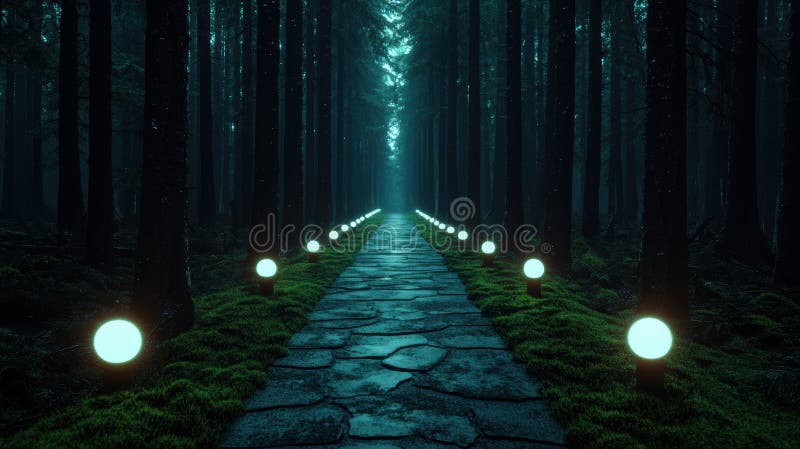 Enchanting forest path with glowing orbs stock illustration