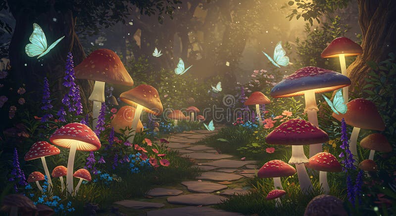 Enchanting forest path with glowing red mushrooms among lush greenery. Blue royalty free illustration