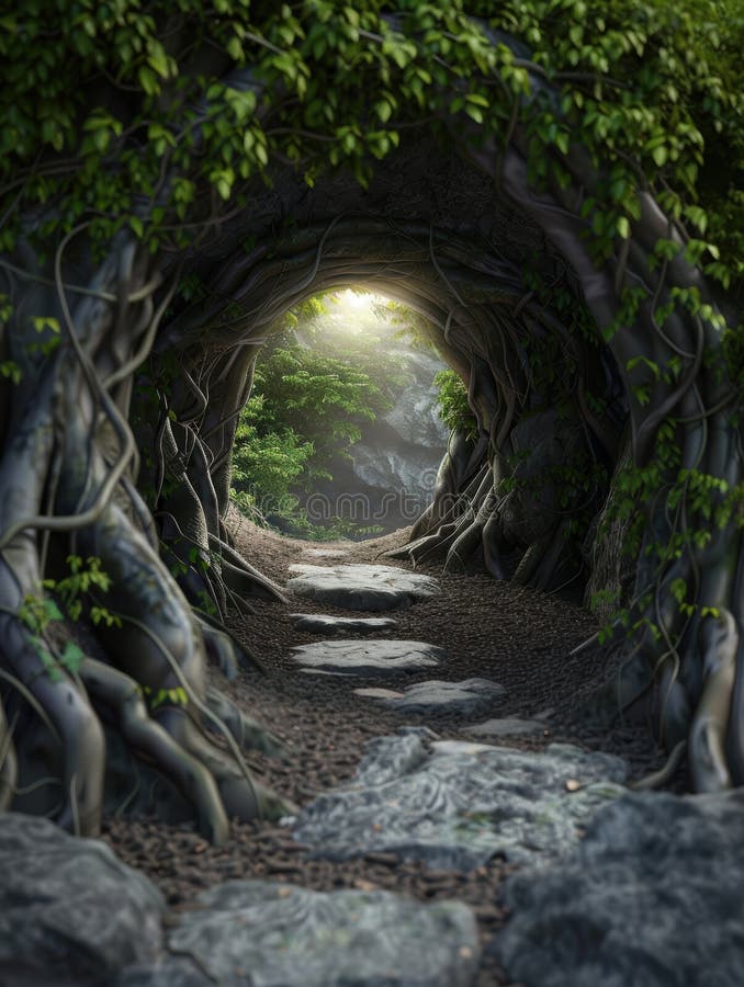 Enchanting forest path leading to light royalty free illustration