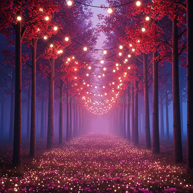 An enchanting forest path lined with tall trees adorned with red leaves. Strung vector illustration