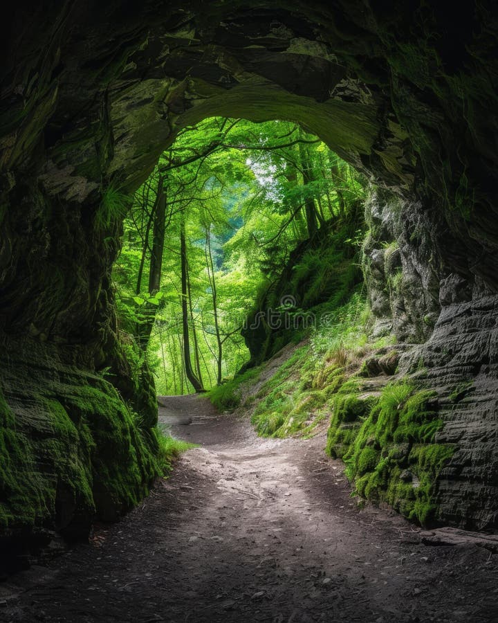 Enchanting forest path through lush green cave stock illustration