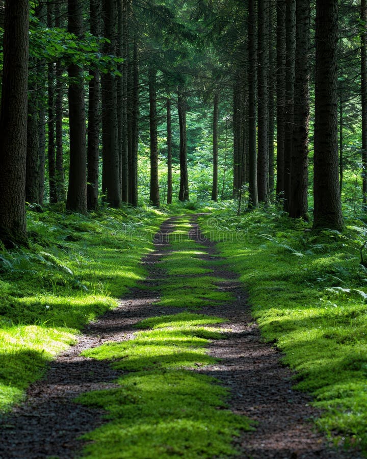 Enchanting forest path through lush green foliage stock illustration