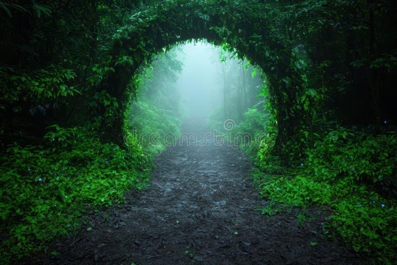 Enchanting forest path through lush greenery stock illustration