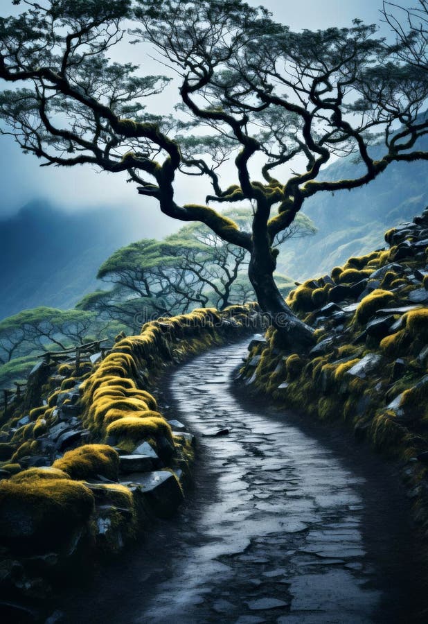 Enchanting Forest Path with Moss-Covered Rocks and Scenic Trees in Misty Atmosphere stock illustration