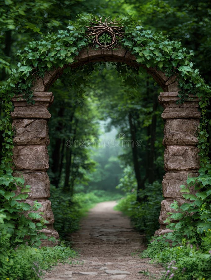 Enchanting forest path through stone arch vector illustration