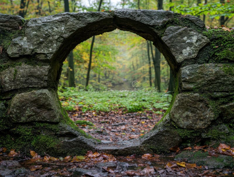 Enchanting forest path through stone archway vector illustration