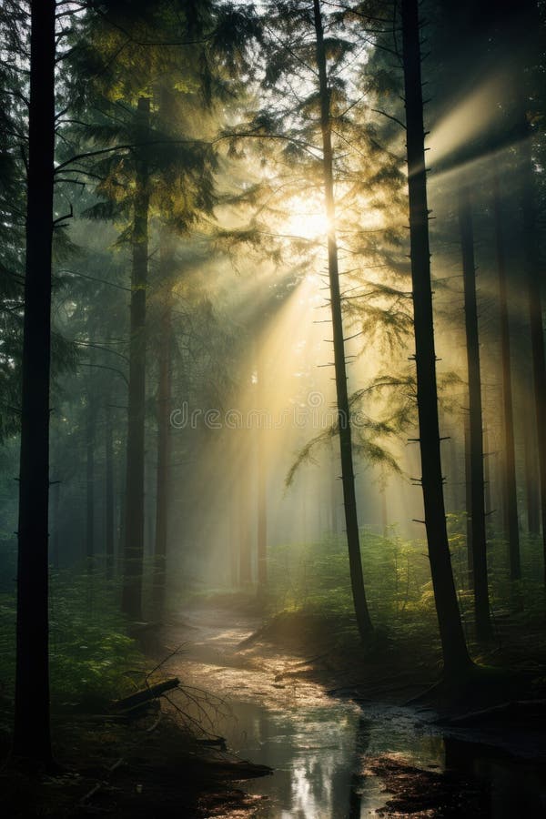 Enchanting forest path with sunbeams stock illustration