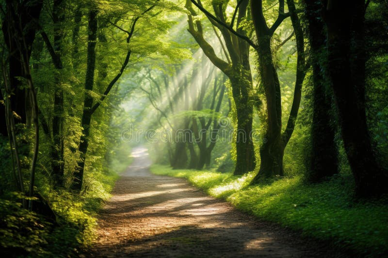 Enchanting forest path with sunbeams stock illustration