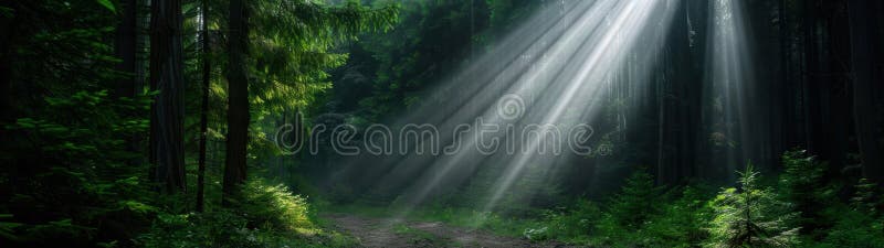 Enchanting forest path with sunbeams. Created with the help of Generative AI tools.