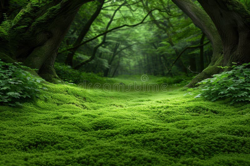 Enchanting forest path surrounded by lush greenery stock illustration